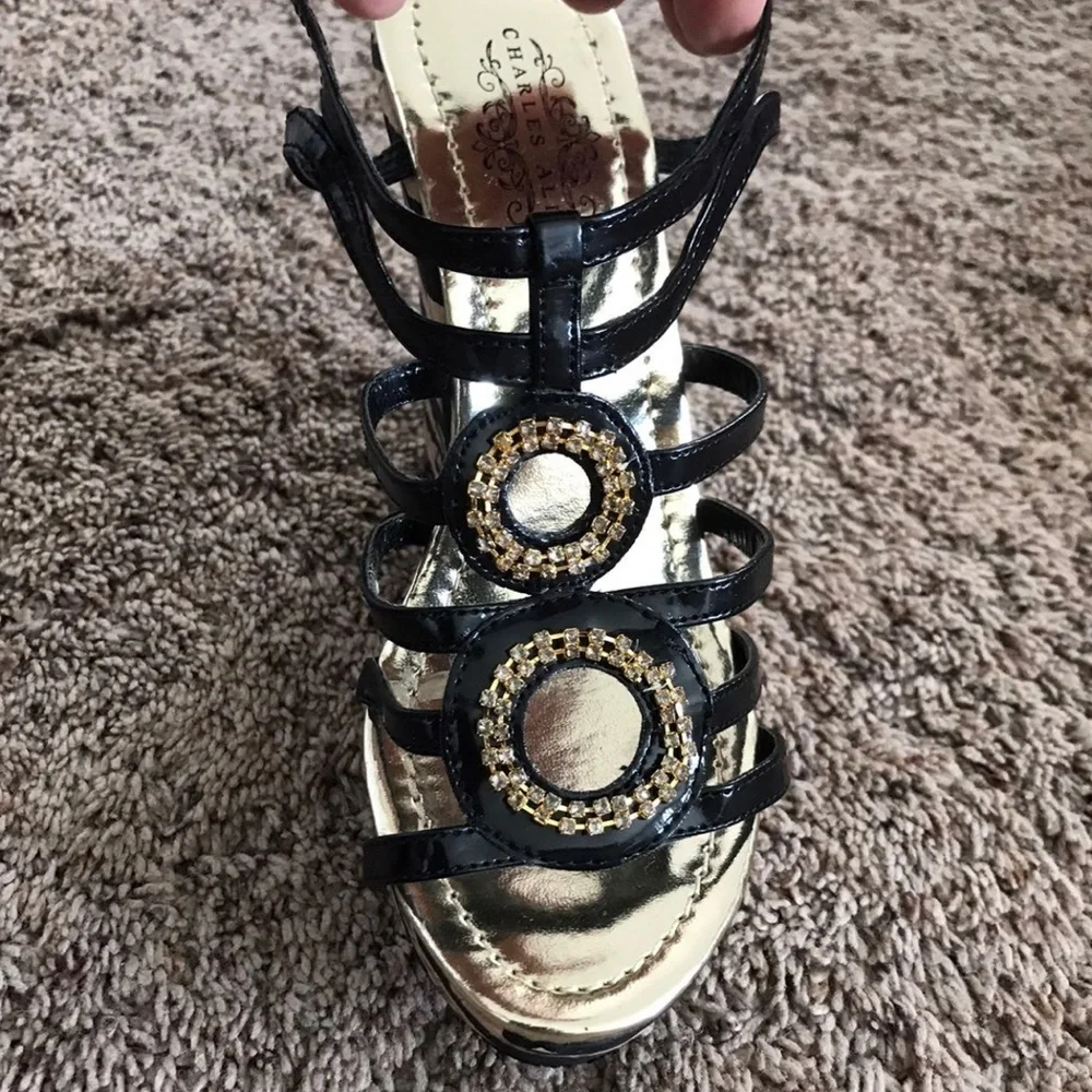 Charles Albert Black Strappy Wedge Sandals - Picture 3 of 8